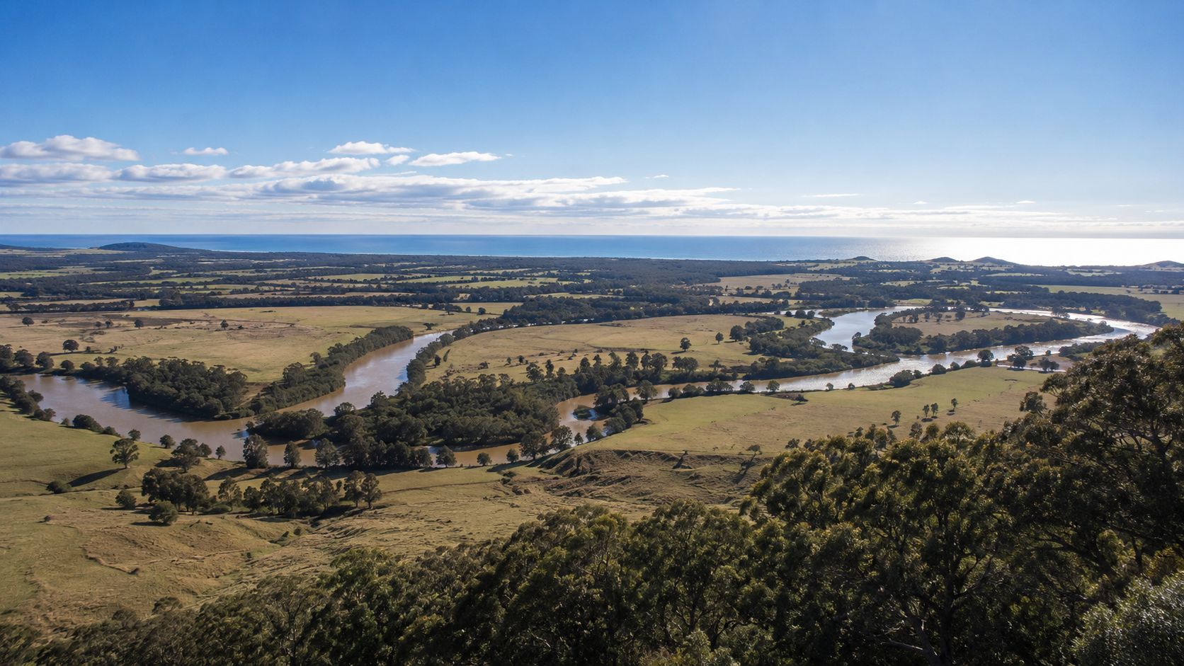 The Macleay River valley and farmland running out to the coast on the Mid North Coast